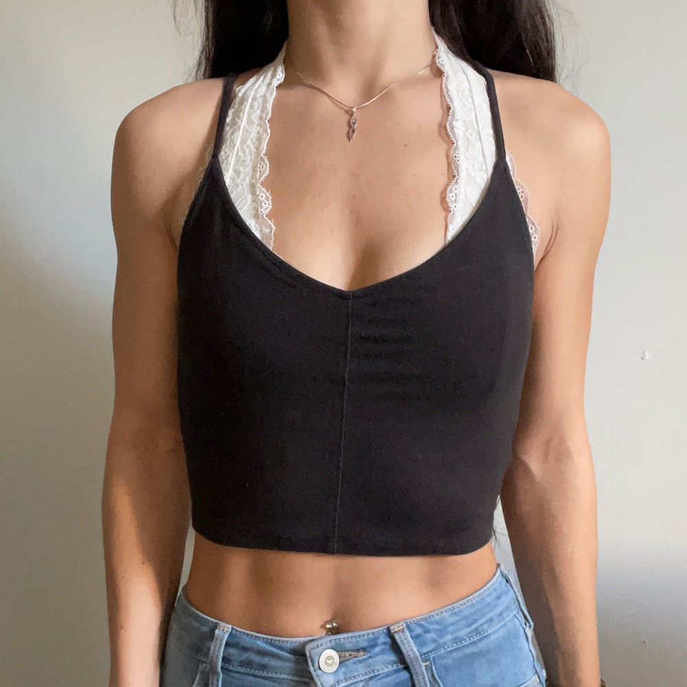 Hollister Crop Top Spaghetti Strap Deep V Low Back Black Tank Top Size Medium